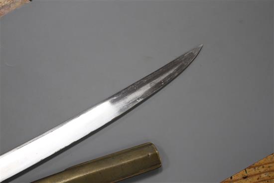 A Victorian general officers mameluke sword, gilt hilt, ivory grips, the etched blade by Ranken & Co. Calcutta, brass scabbard, blade